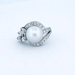 Estate Vintage Platinum Akoya Pearl Diamond Halo Statement Cocktail Ring Sz 7.5